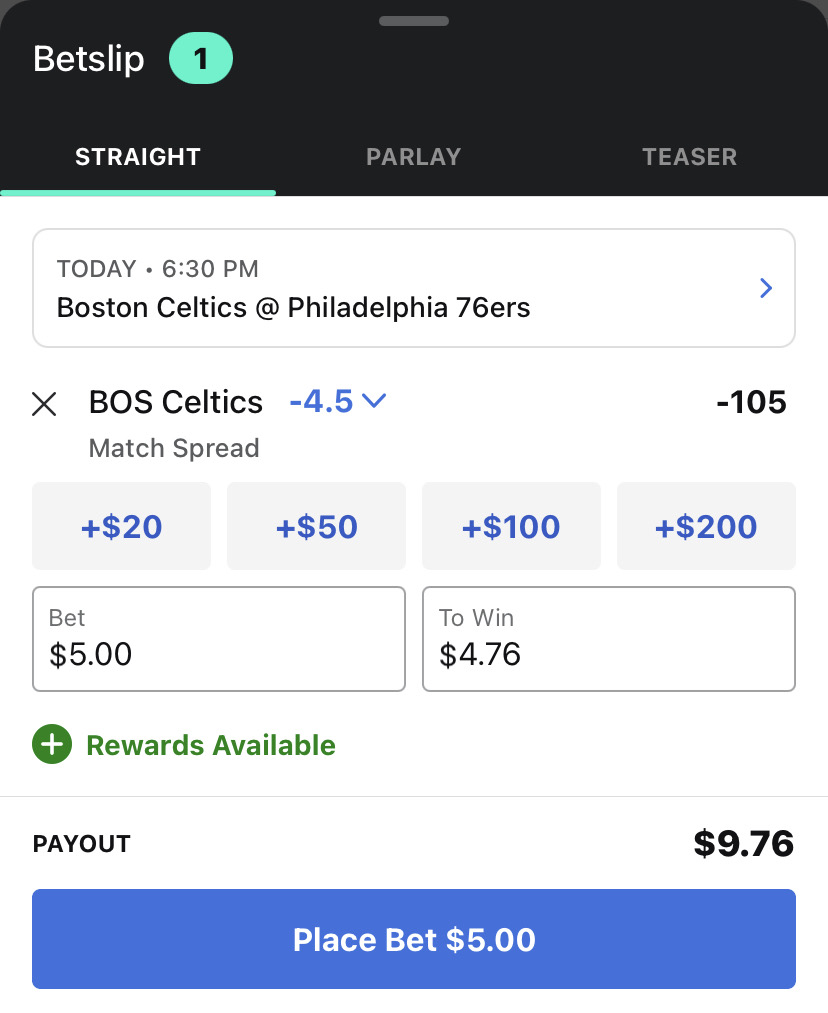 ESPN Sportsbook betslip with a bonus available