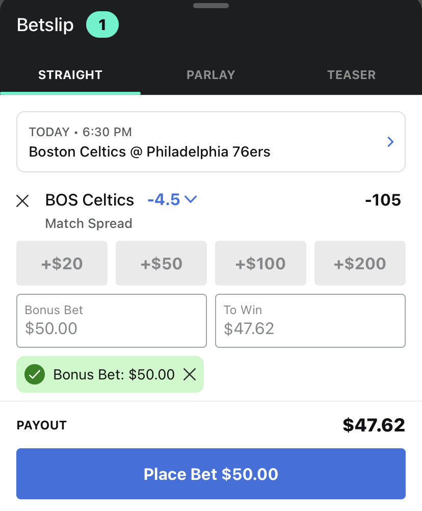 ESPN Sportsbook betslip with a bonus selected