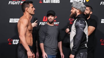 LAS VEGAS, NEVADA - JULY 08:  (L-R) Rafael Dos Anjos of Brazil and Rafael Fiziev of Kazakstan face off during the UFC Fight Night weigh-in at UFC APEX on July 08, 2022 in Las Vegas, Nevada. (Photo by Chris Unger/Zuffa LLC)